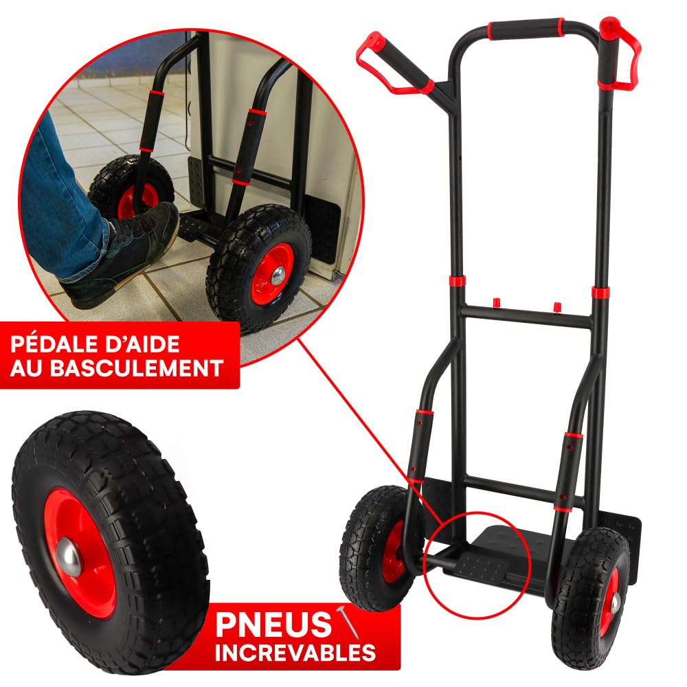 Diable pliant roues increvables - 250kg - Acier renforcé - Poignées ergonomiques - Plateau rabattable - Manutention déménagement