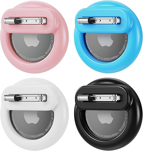 4 Pack Mini AirTag Holder for Kids, Silicone Hidden AirTag Holder with Safety Pin for Clothes, GPS Tracker Case Clip Compatible with Apple Air Tag (Sky Blue, Pink, Black, White)