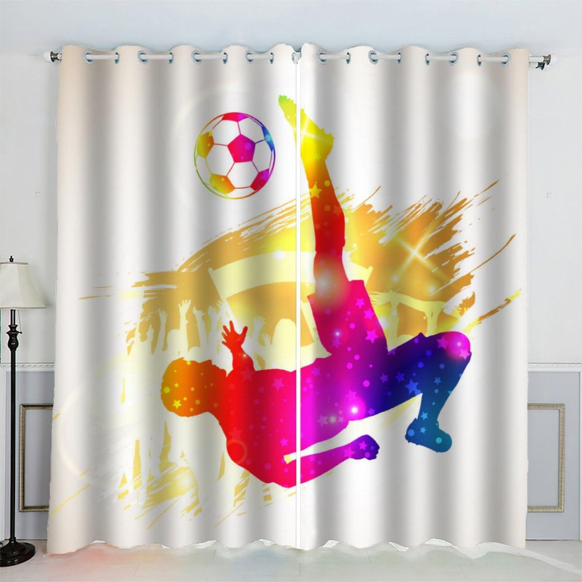 AKATIE Blackout Curtain Football Kid Insulated Drapes Soccer Fan 3D Print Eyelet Window Curtains for Boys Girls Teens Children kids Bedroom Set of 2 Panels (W150xL166cm)