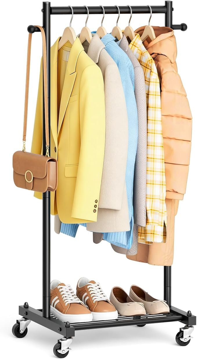 MISSLO Perchero Pequeño sobre Ruedas, Percha de Ropa de 114 cm de Ancho con Estantes, Perchero de Metal Estable para Espacios Pequeños, Armario, Guardarropa, para Adultos y Niños, Negro