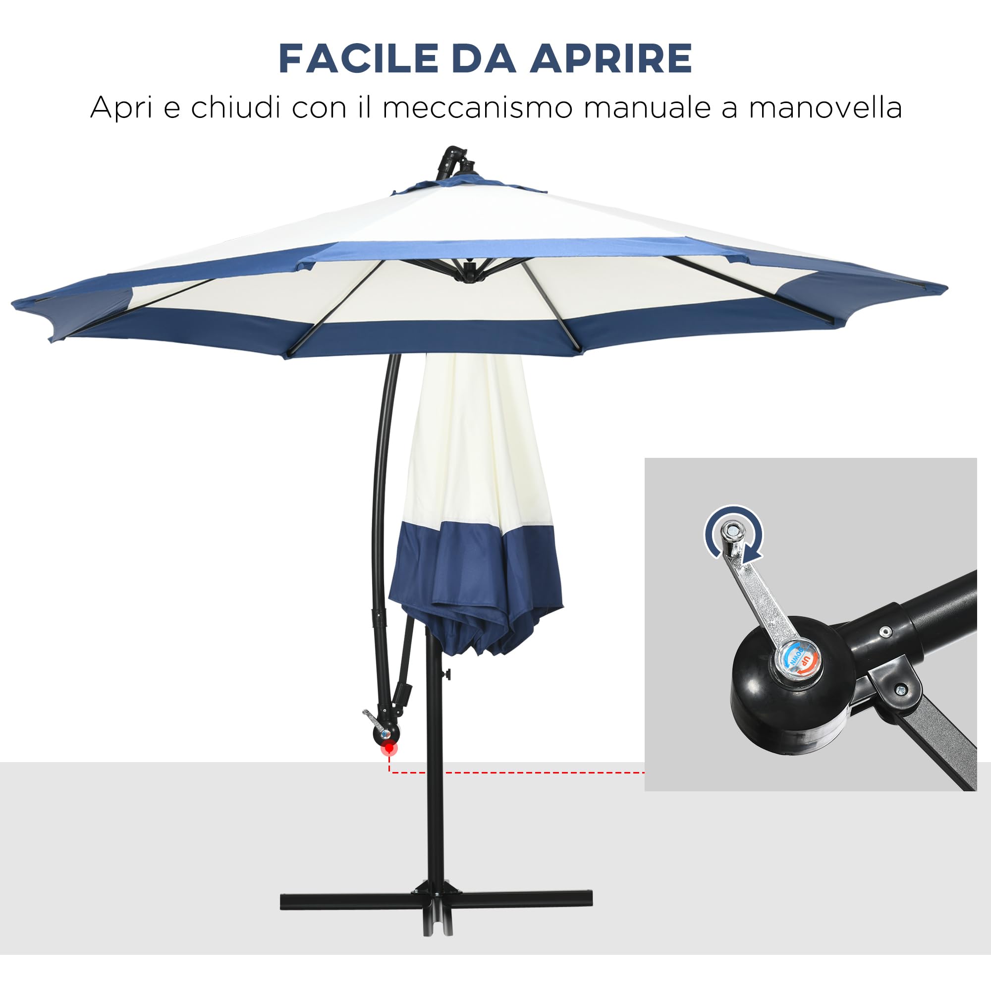 Outsunny Ombrellone da Giardino 3x2 m Base a Croce Apertura a Manovella Presa d'Aria Metallo Poliestere