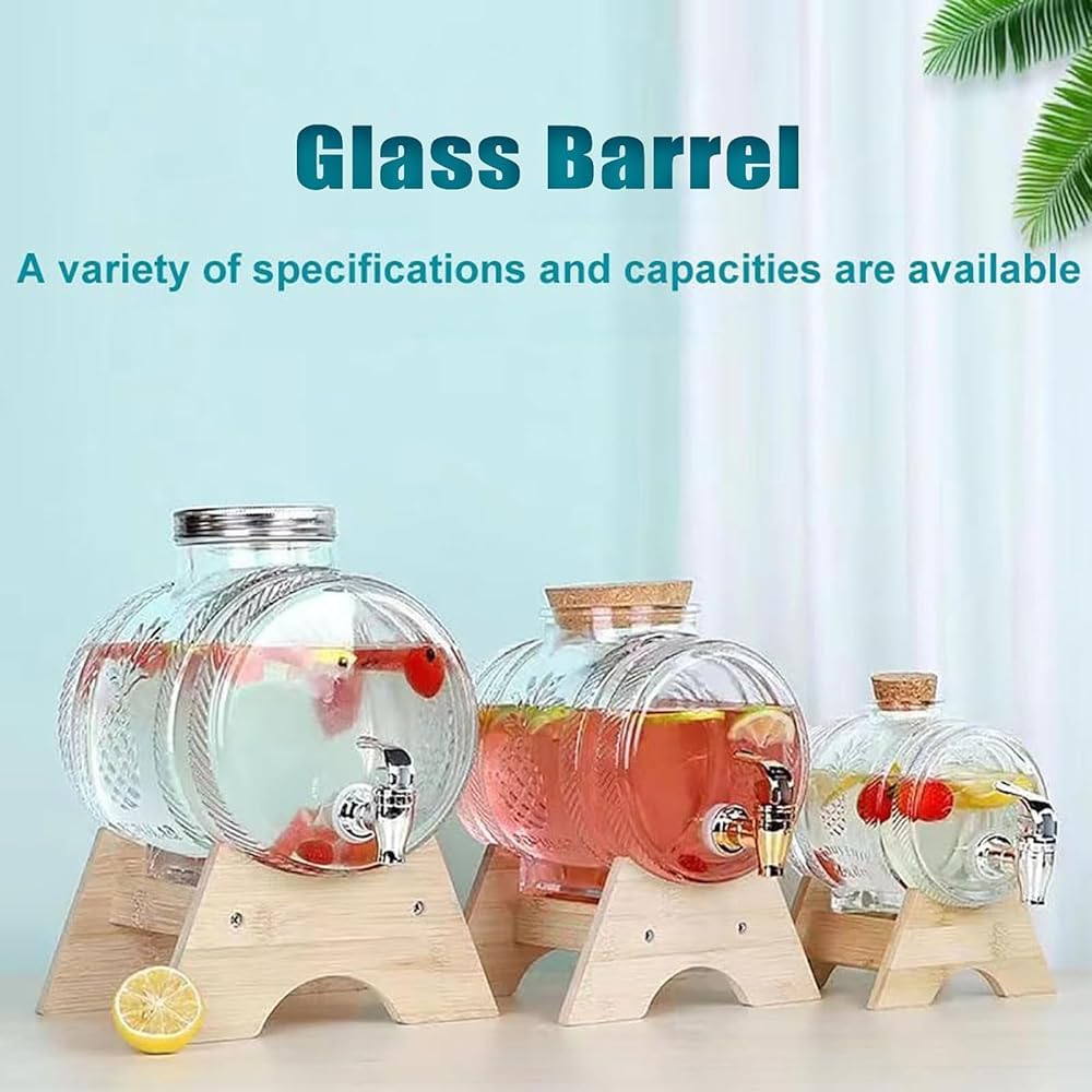 Getränkespender aus Glas mit Zapfhahn und Deckel – transparenter Getränkespender auf Holzständer für Wasser, Saft, Veranstaltungen und den Außenbereich – idealer Servierbehälter
