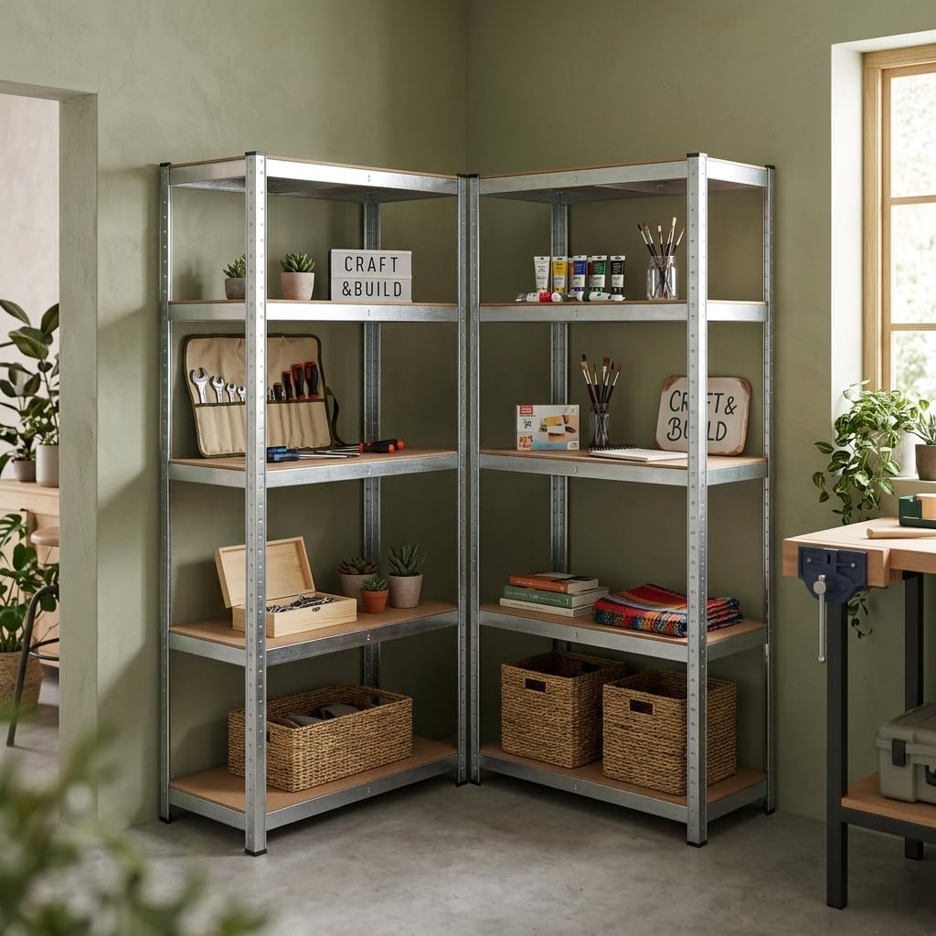 Generico KOMBO Set di 2 Scaffali in Metallo, Scaffalature a 5 Ripiani Regolabili, Senza Viti, Scaffale Salvaspazio per Garage, Magazzino, Casa, Portante 875 kg, 40 x 90 x 180 cm, Argento