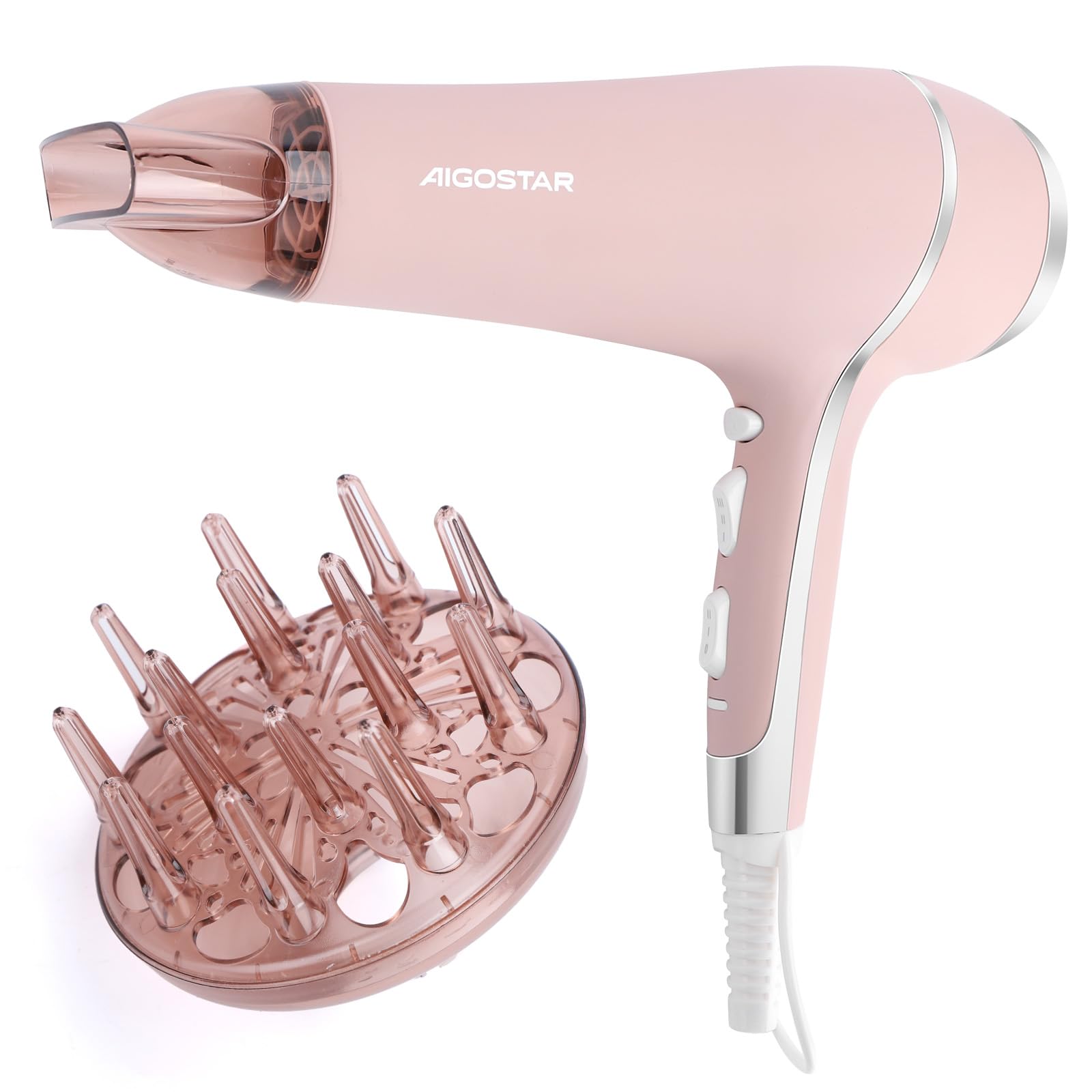 Aigostar Profi-Haartrockner 2400W Föhn mit Diffusor, Ionen Fön Mattrosa Version mit Diffusor und Konzentratordüsen, 2 Geschwindigkeiten und 3 Temperaturen - Lora