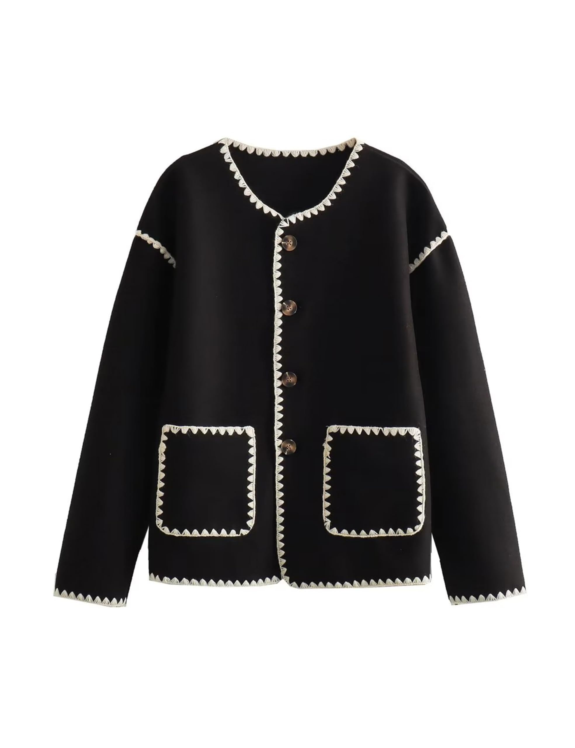 YeokouWomen Wool Blend Jacket Contrast Color Crew Neck Button Down Cardigan Coat Casual Outwear with Pockets