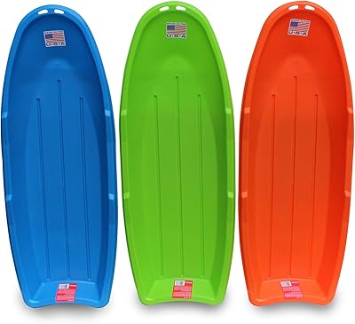 Flexible Flyer Winter Lightning Snow Sleds for Kids and Adults (3-Pack) - 48 Inch Toboggan Style Plastic Sled with Hard Bottom for Fast, Smooth Rides - 1 or 2 Riders (Blue, Green, Orange)