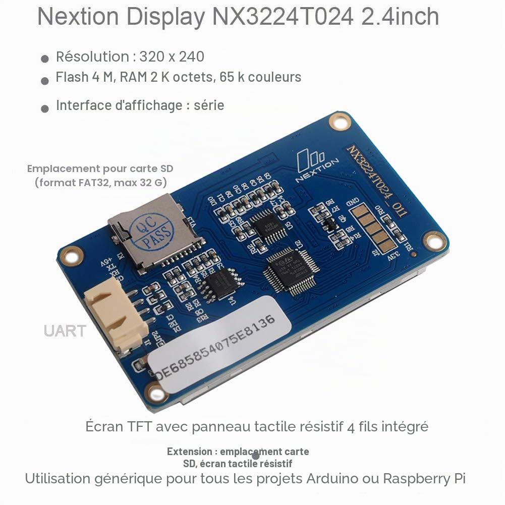 DIYmalls Nextion 2,4" ÉcranNX3224T024 tactile résistif HMI 5V TFT LCD 320x240 pour Arduino ESP32 Board