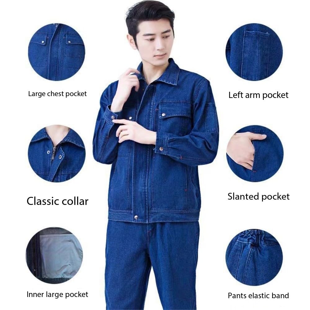 LDMYB Set di uniforme da lavoro unisex, in denim, giacca e pantaloni in misto cotone resistente, abbigliamento da lavoro resistente all'usura, per officine, fabbriche, edili, officine, M-4XL