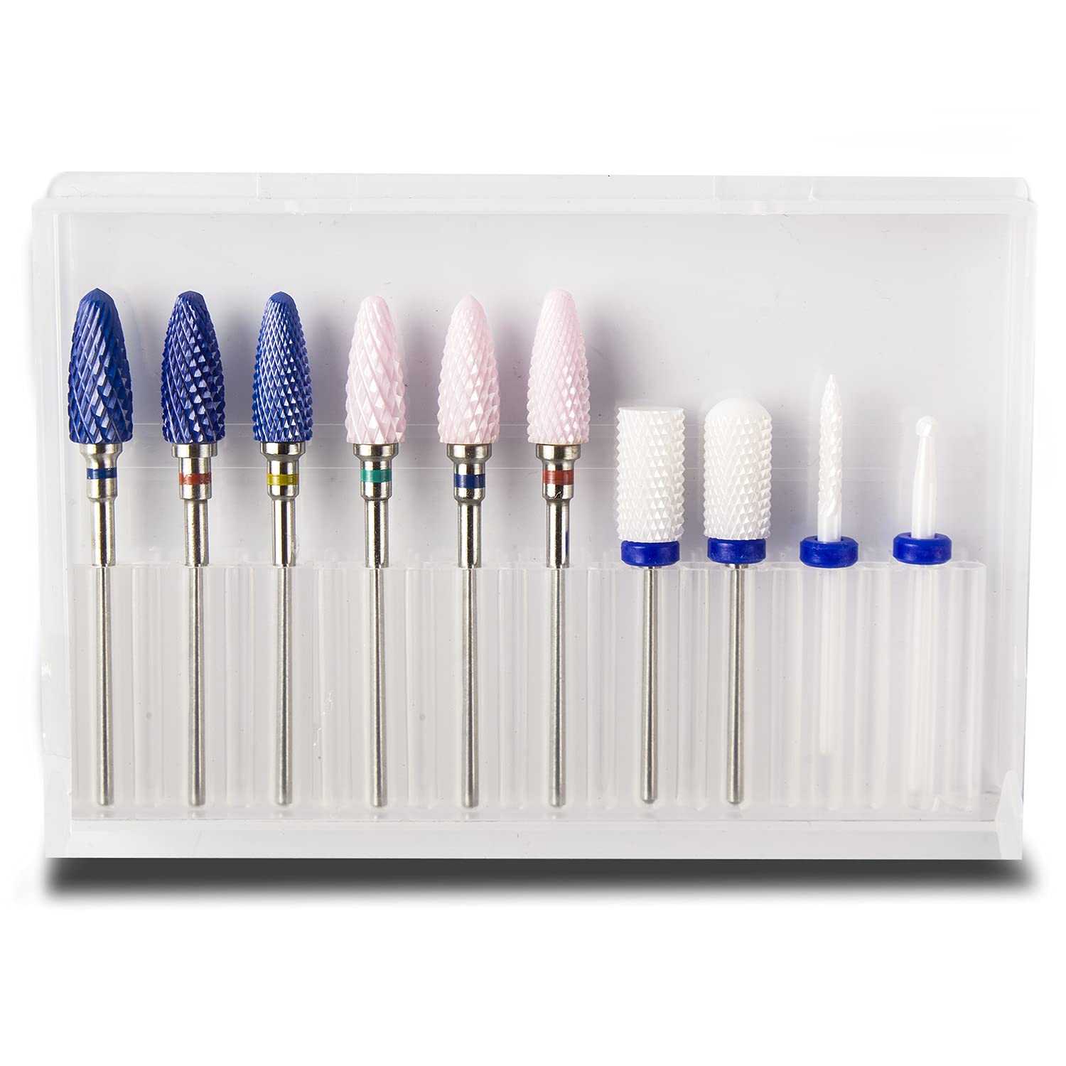 Feecy Nail Drill Bits Set Ceramic for Acrylic Nails Gel Polish Professional, 3/32 Inch Efile Nail Drill Bits Kit for Cuticle Safety Barrel Nail Art Tools with Holder, 10pcs (S10-B)