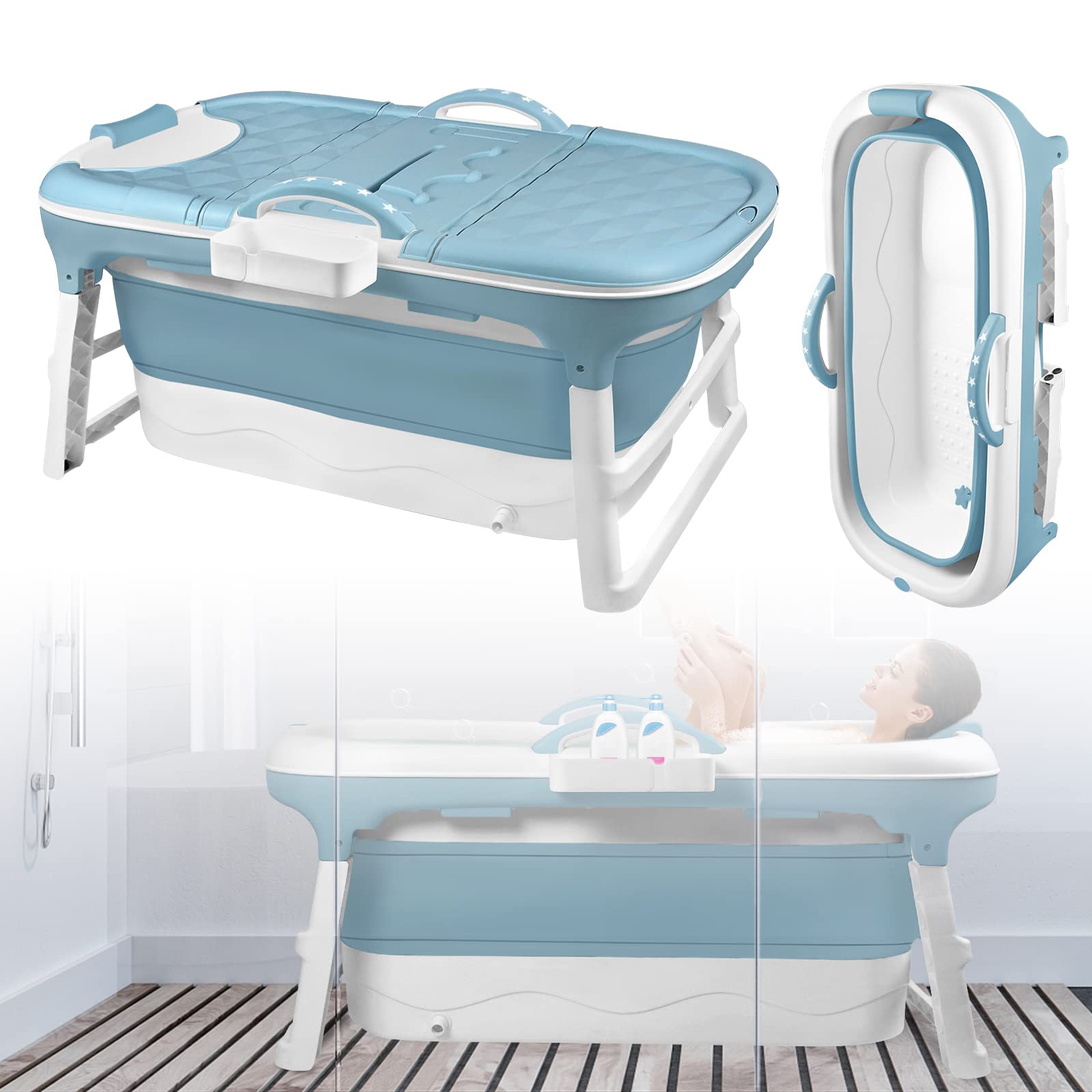 ACXIN - Vasca da bagno pieghevole, vasca da bagno mobile per adulti, con copertura rimovibile, cestino per il sapone e rotoli per massaggio, adatta per bagni piccoli e SPA, 118 x 62 x 53 cm