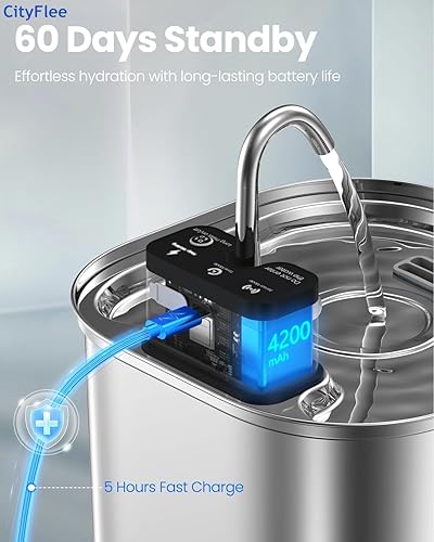 Miniatura 2 de Fuente de agua inalámbrica para gatos de acero inoxidable con sensor de 108 onzas, 3.2 L, funciona con pilas, dispensador de agua automático