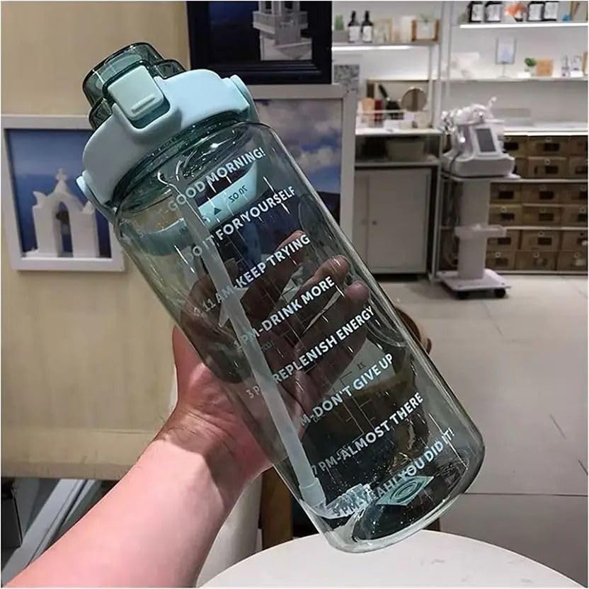 Image of 2L Transparent Motivational Water Bottle with Straw & Time Marker | Leak Proof BPA Free Sports Drinking Bottle for Gym, Office, School & College | Break Resistant with Belt Handle (Green)