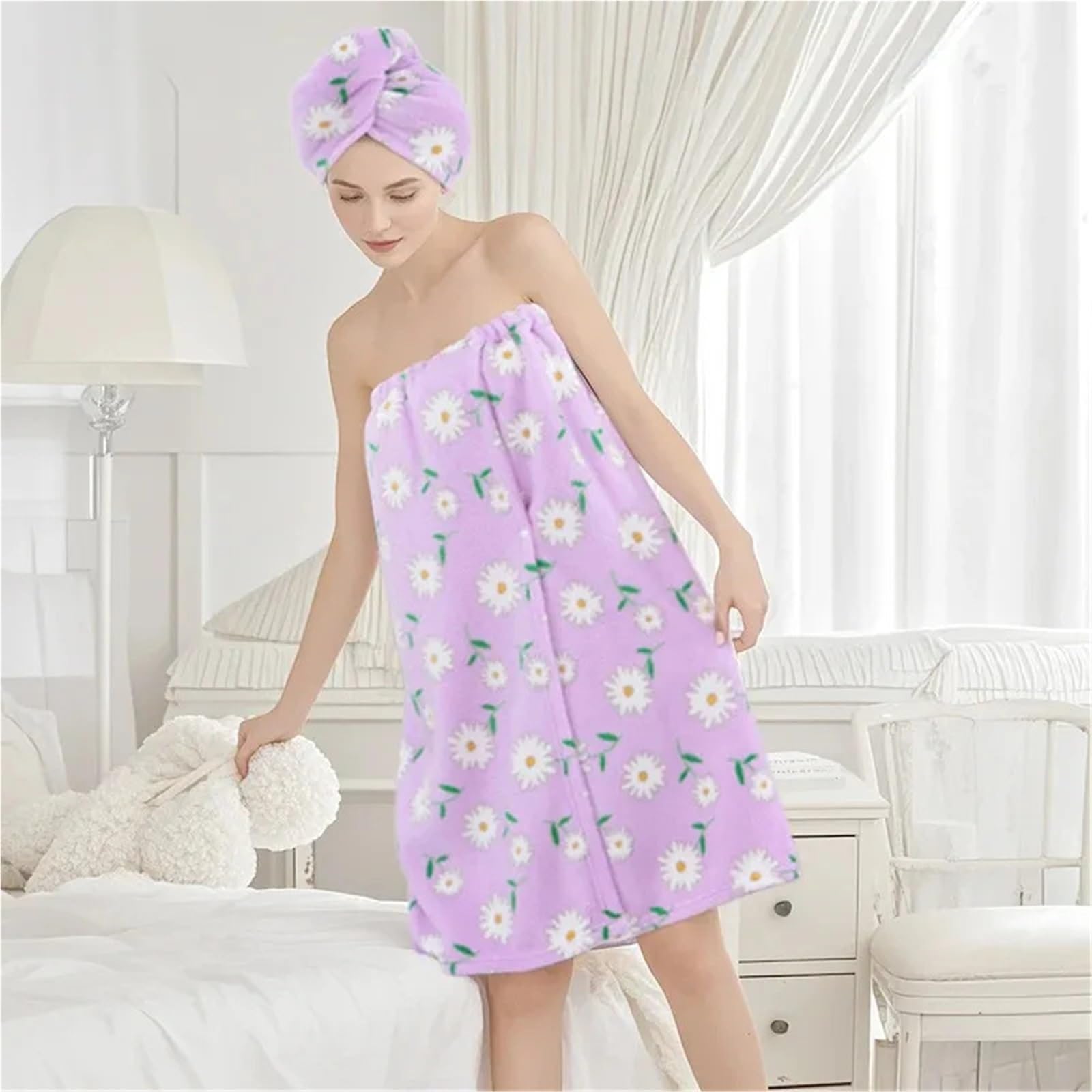 Handtuchkleid 2-teiliges Set, Haarwickel, Baderock, Gänseblümchen-Stil, tragbares Handtuch, weich, saugfähig, schnell trocknend