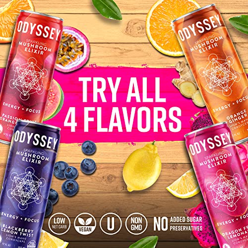 Odyssey Elixir Sparkling Adaptogen Drink, Low Calorie Drinks, L Theanine, Lions Mane, Cordyceps & Green Tea Caffeine for Energy & Focus, Non-GMO, Vegan, Dragon Fruit Lemonade Flavor, 12 Fl oz, 12 Pack - Image 6