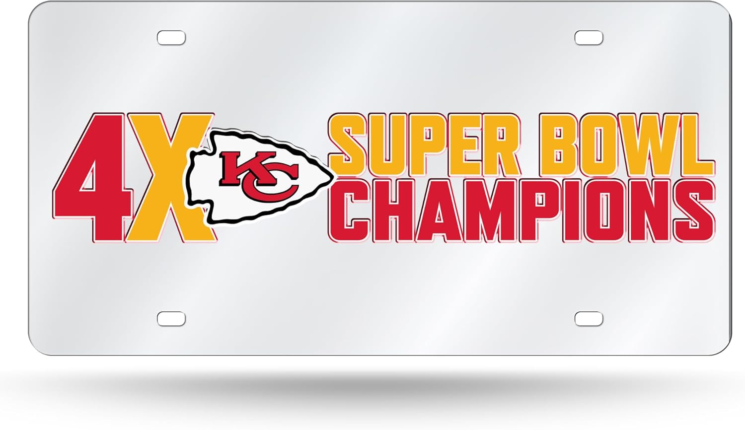 Rico Industries NFL Football Kansas City Chiefs 4X Champions 12" x 6" Silver Laser Cut Tag for Car/Truck/SUV - Automobile Décor