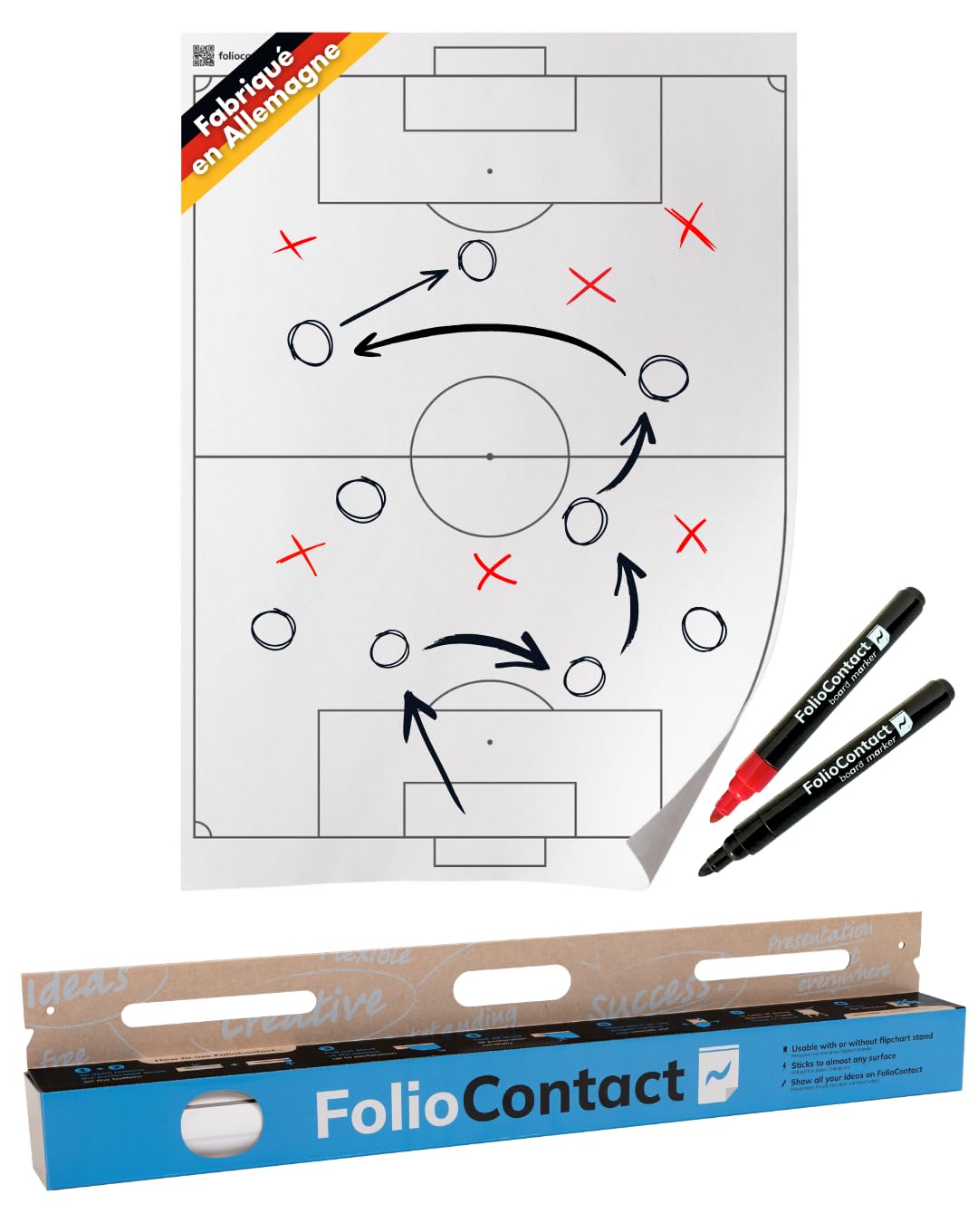 FolioContact - Tableau tactique de football - 60 x 80 cm - Film tactique statique auto-adhésif avec 25 feuilles et 2 marqueurs pour tableau - Effaçable et réinscriptible - Alternative au tableau
