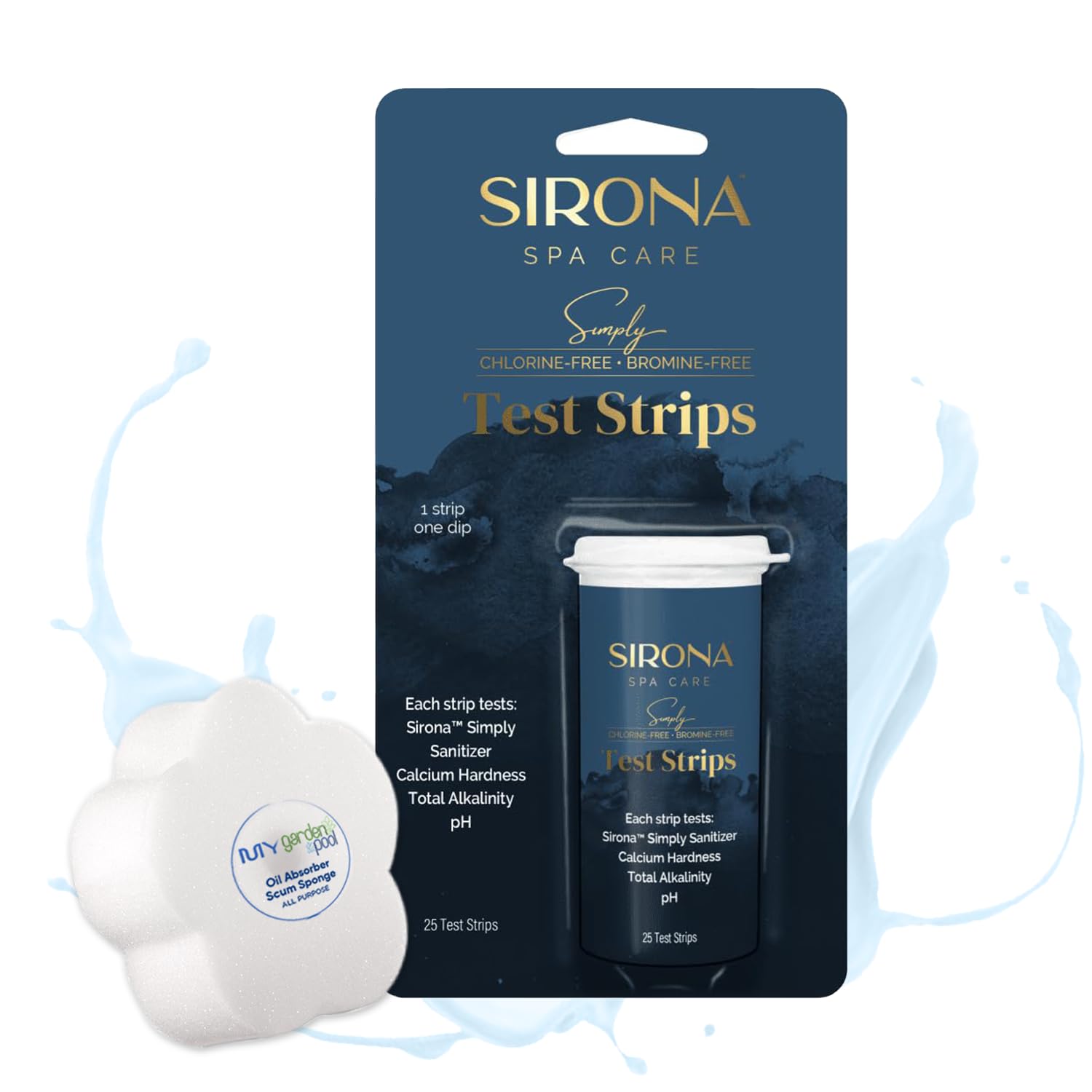 Sirona Spa Care 25 Test Strips with My Garden Pool Spa Sponge – Accurate Spa Water Testing Kit for pH, Alkalinity & Hardness with Bonus Oil-Absorbing Scum Remover