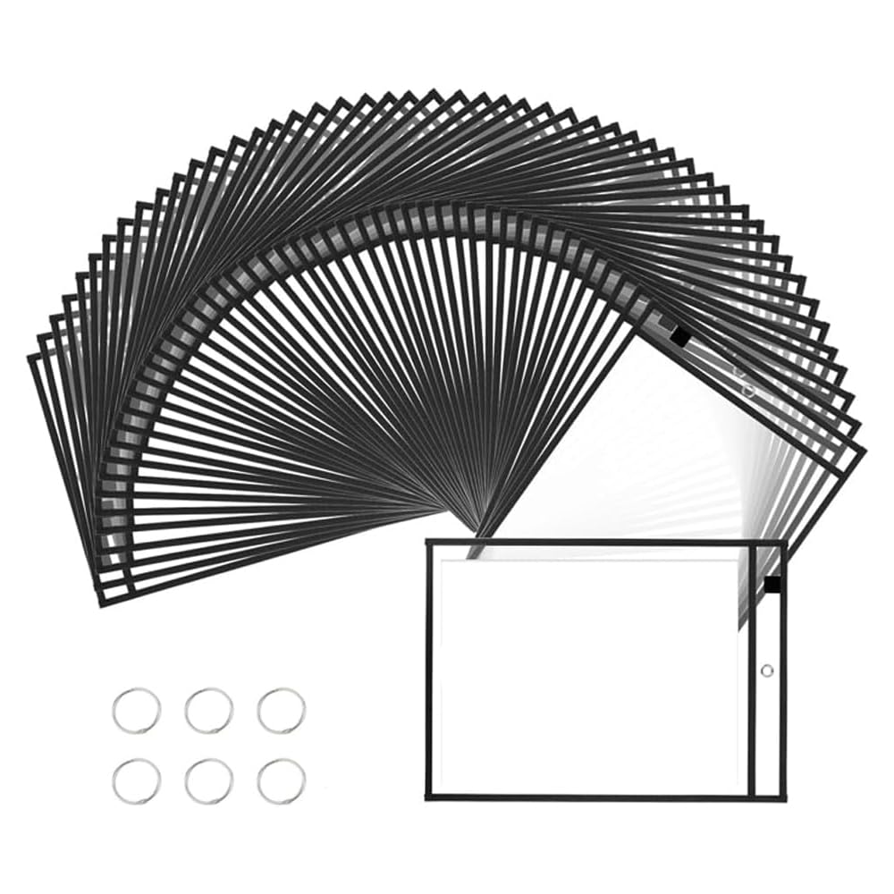 Oaygat 60 PCS A4 10 X 14 Inch Write and Wipe Pockets Dry Erase Pockets with 6 Ring Transparent Dry Brush Bag File Pocket Plastic Clear Sleeves Wipeable Shop Ticket Write and Wipe Pocket