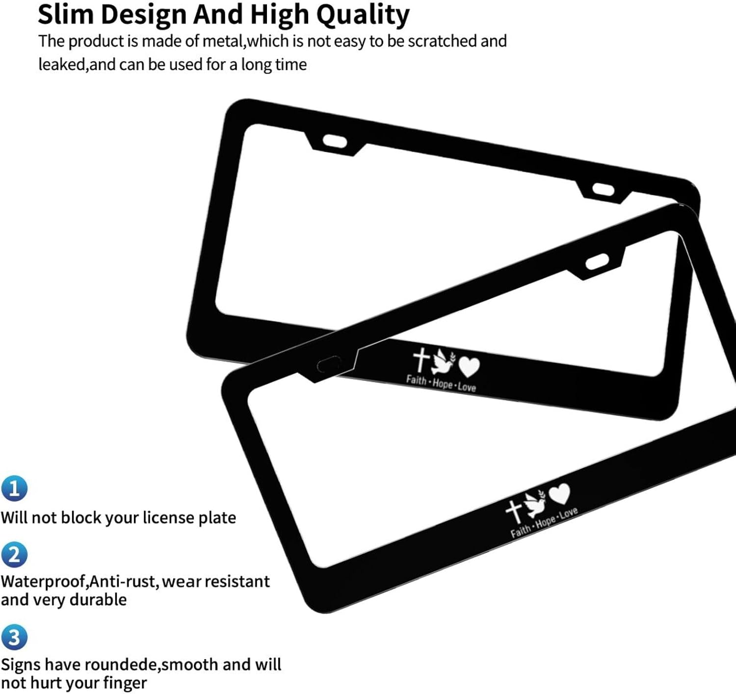 Faith Hope Love Cross Heart Matte Aluminum License Plate Frame with Black Screw Caps，2pcs 2 Holes Black Licenses Plates Frames,Car Licenses Plate Covers Holders for Us Vehicles/Women/Men