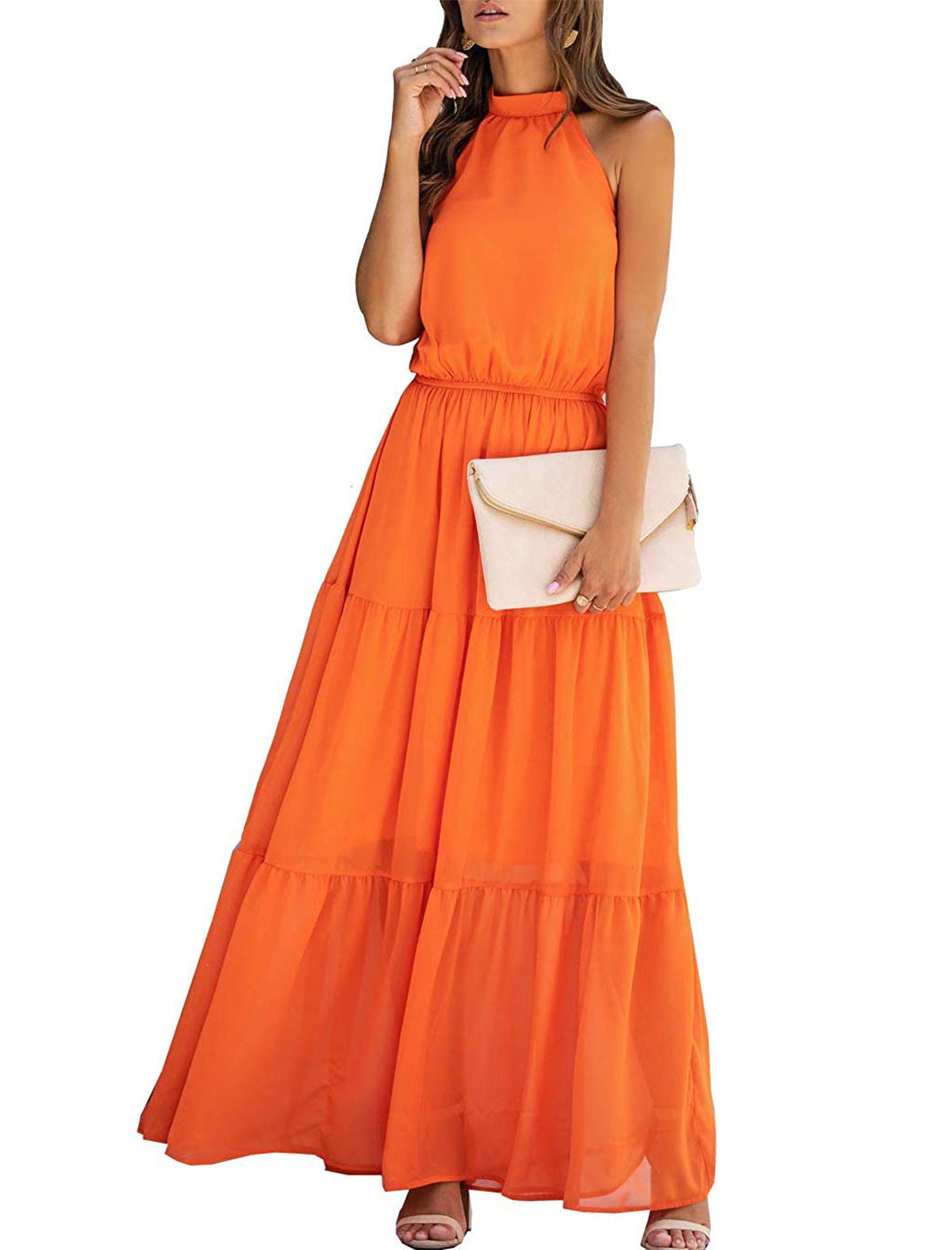 ComeonWomen Floral Print Halter Neck Dress Backless Boho Beach Party Maxi Dresses with Belt