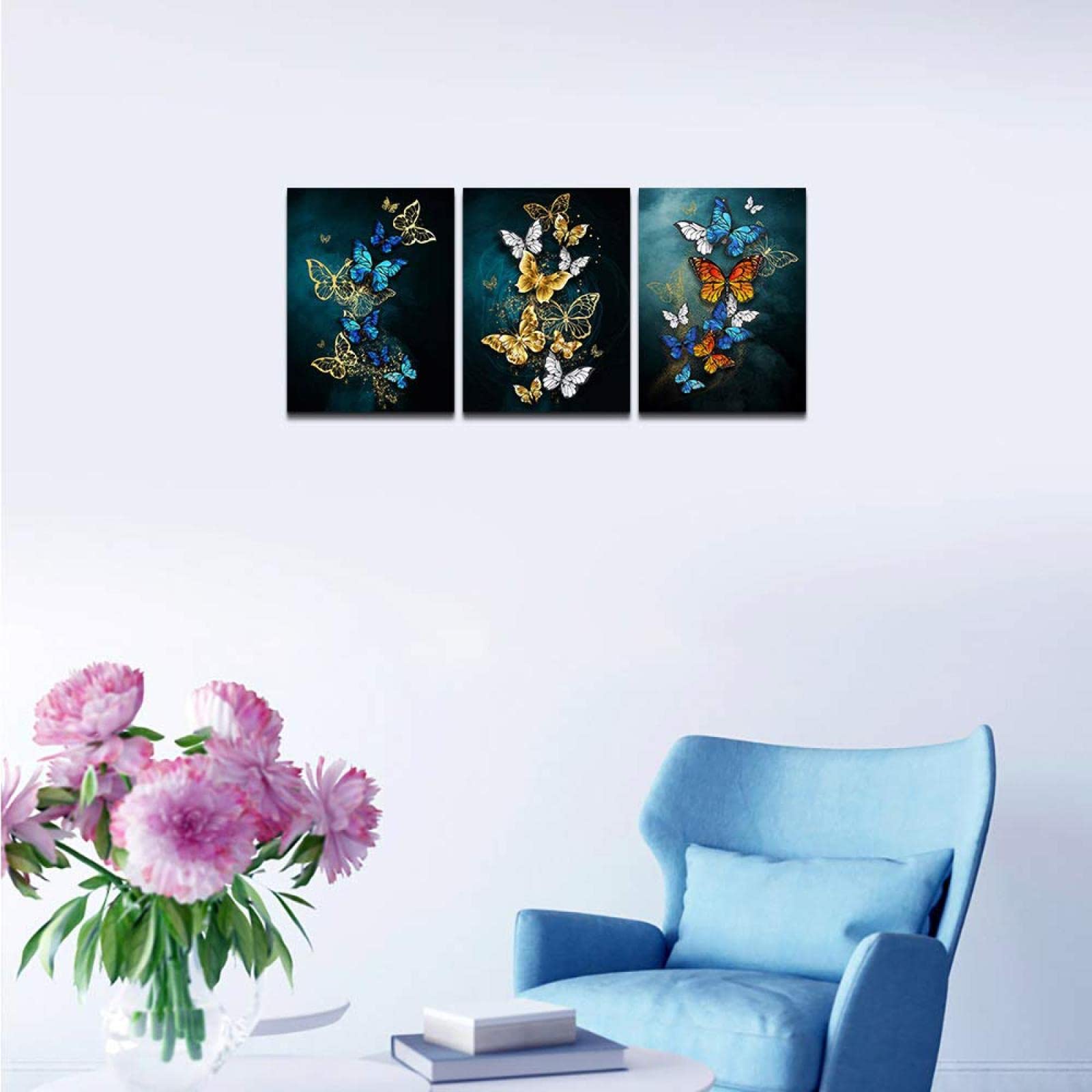 Decoración de la pared de la sala de estar Arte de la pared de la lona para el dormitorio Pintura de la pared del baño Obra de arte Fondo azul Mariposa abstracta 70x90cm (28x35in) x3 Marco interior
