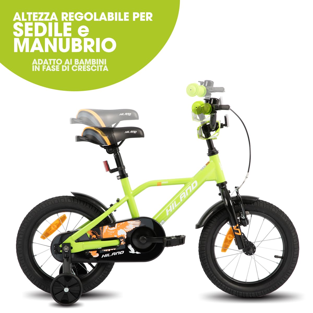 HILAND Hawk Bicicletta Bambino/Bambina 12"/14"/16" 2–6 Anni, Bicicletta per Bambini con Ruote Stabilizzatrici, Freno a Mano e Freno a Pedale, Colori multipli