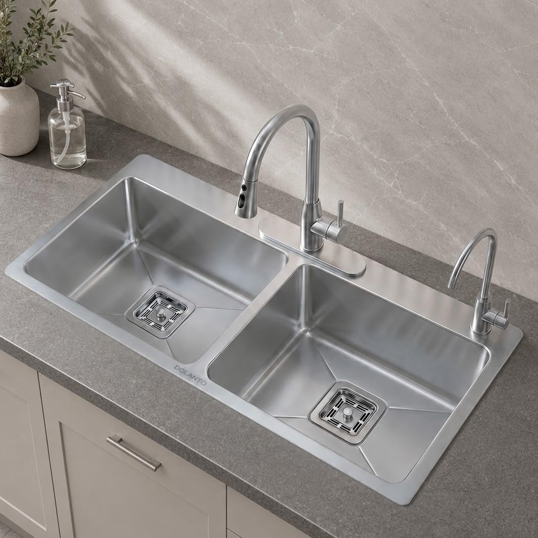 DOLANTO Double Bowl Kitchen Sink with Tap Hole 37x18x10 inch Double Sink for Kitchen 304 Stainless Steel Handmade Kitchen Sink Including Couplings, Waste Pipe, Connector and Drain Basket-image-40