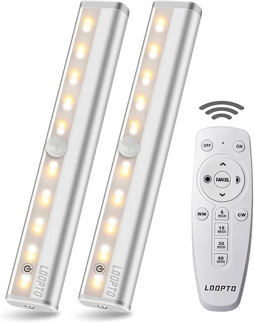 LDOPTO Battery Powered Under Cupboard Kitchen Lights with Remote Wireless Dimmable Wardrobe Closet Lights Night Light with Remote Time Control Built-in Magnet Stick-on Strip, Multiple Colors 2 Pack
