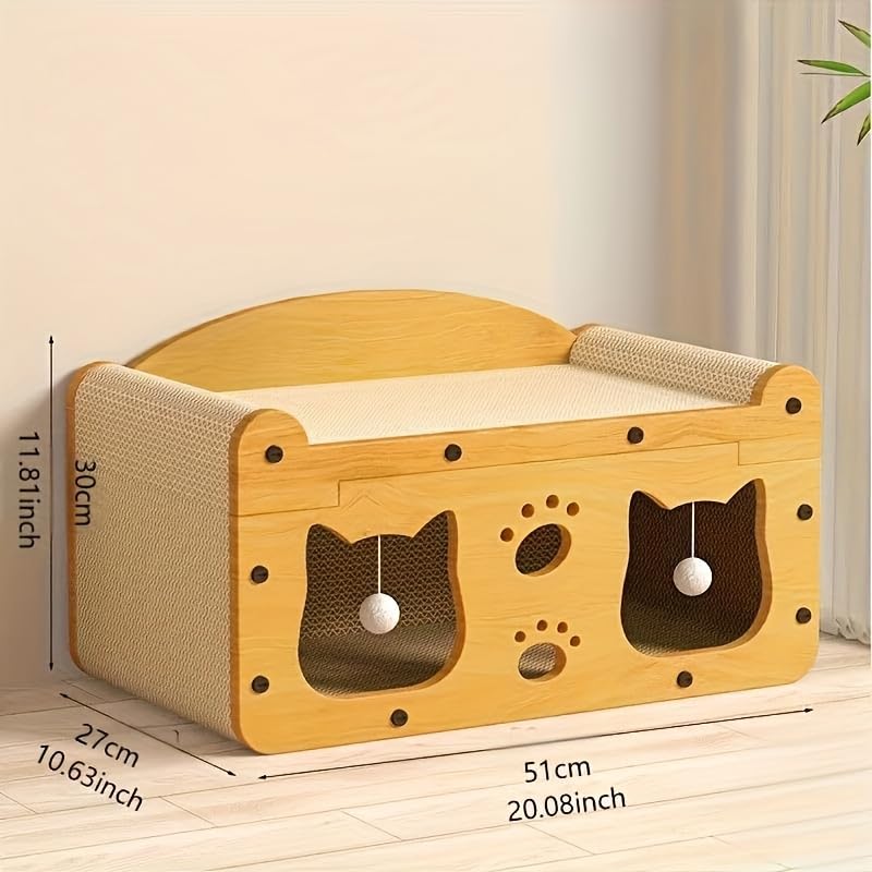 2-in-1 Kratzbaum und gemütliches Katzenbett mit hängendem Ballspielzeug - großes Kartonbett, Katzen-Spielhaus, Langlebiges Katzenspielzeug, lustige Möbelgeschenkidee, Katzenzubehör