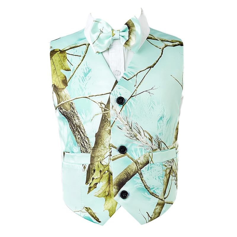 Light Green Camo 3-Button V-Neck Vest Matching Bow Tie for Boys