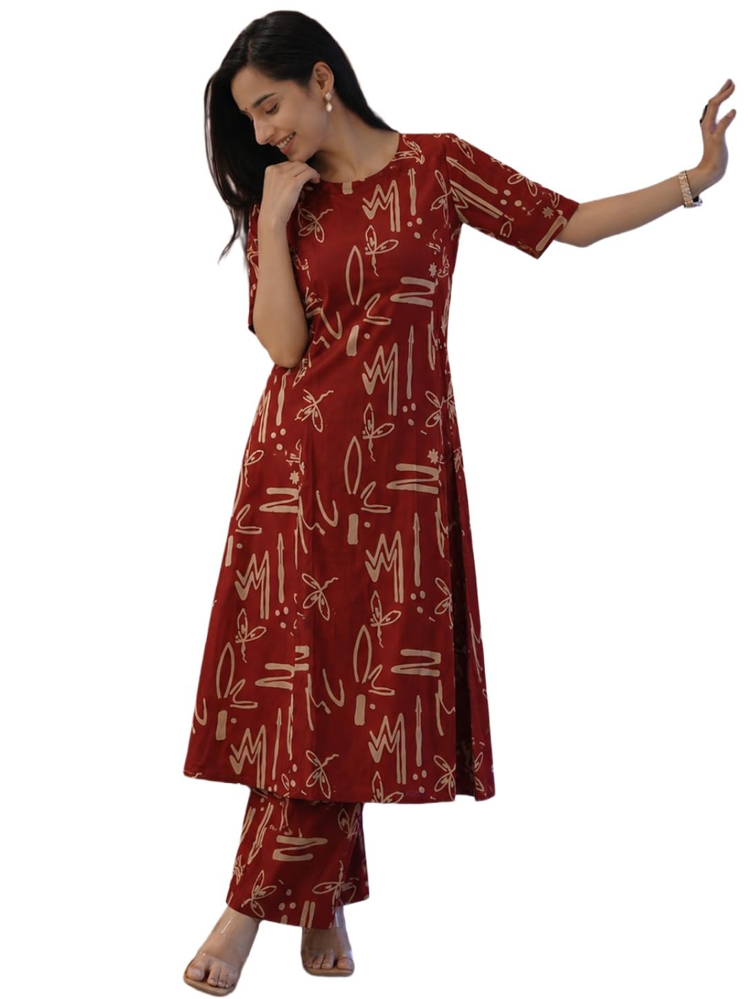 GoSriKi Co Ord Set for Women Viscose Blend Printed | A Line Kurta Palazzo Set for Woman | Close Round Neck Elbow Length Sleeve Ethnic Dress Stylish Coord Outfit Womens Clothing in multi