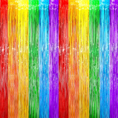 Image of Voircoloria 4 Pack Rainbow Foil Fringe Backdrop Curtains, Tinsel Streamers Birthday Party Decorations, Fringe Backdrop for Graduation, Baby Shower, Gender Reveal, Disco Party