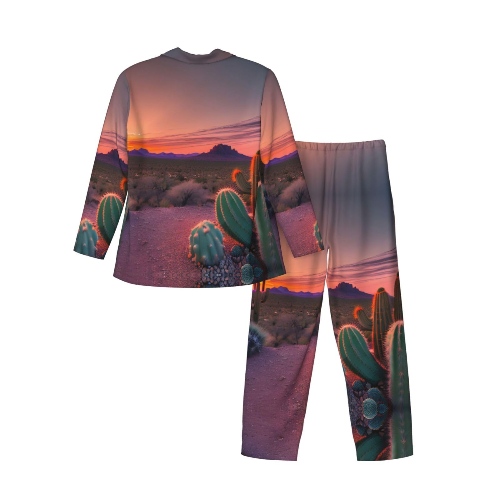 Set di pigiama da uomo morbido a maniche lunghe, motivo cactus desertico tramonto, nero, XL, Nero , X-Large
