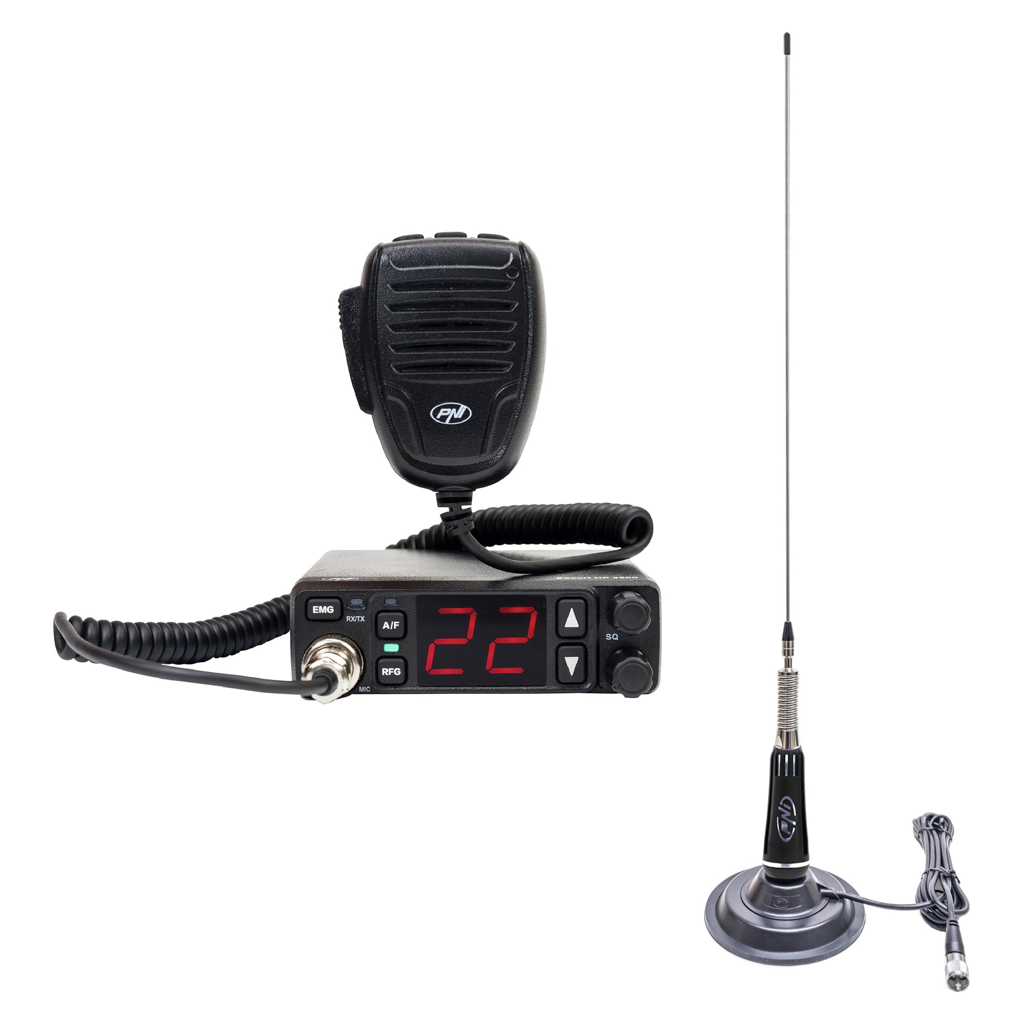 Kit trasmettitore radio CB PNI Escort HP 5500 con antenna CB PNI LED 2000, 90 cm, 500 W, si accende durante la trasmissione, base magnetica inclusa