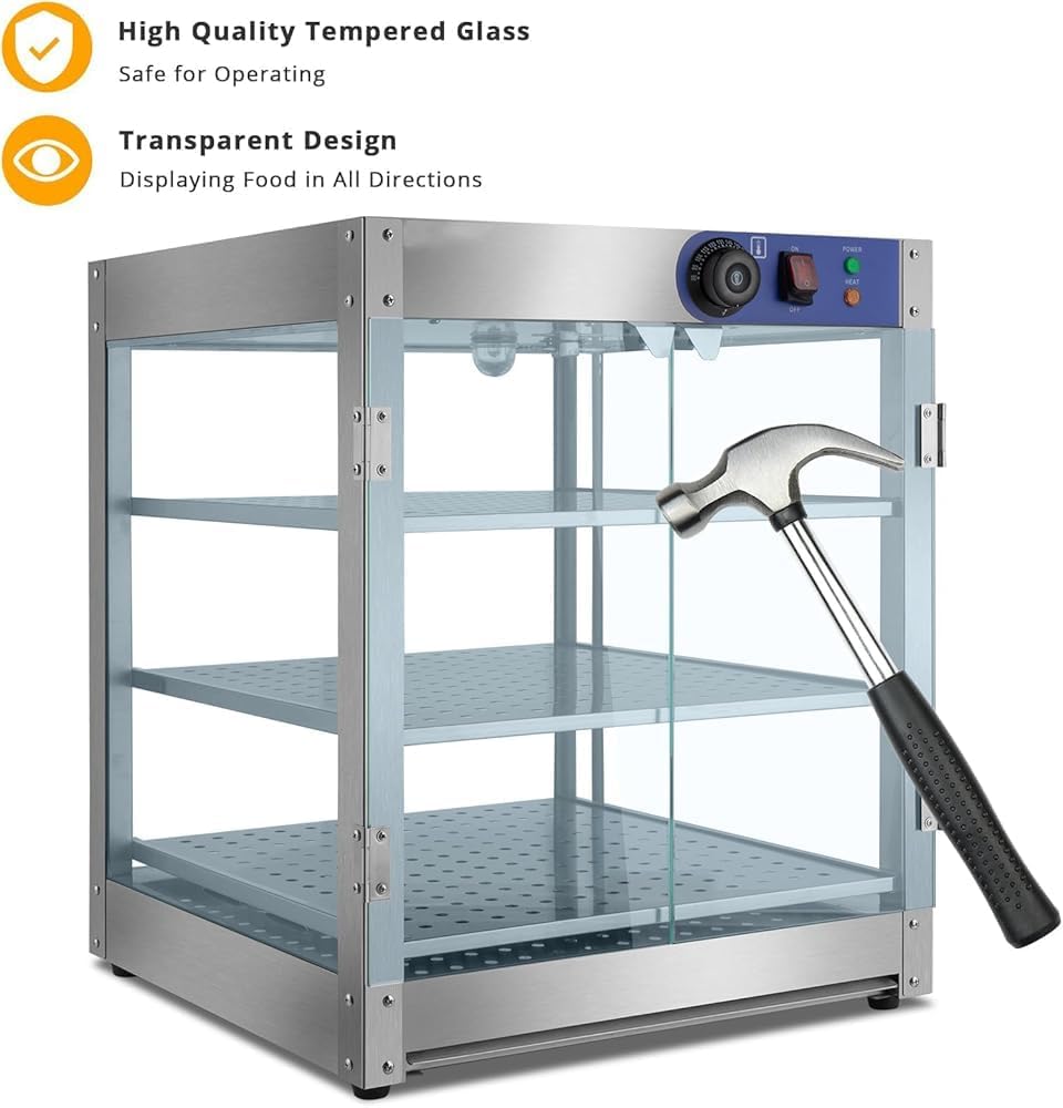Vetrina riscaldante commerciale in acciaio inox per torte, espositore da banco a 3 livelli con illuminazione a LED, ripiani rimovibili, temperatura regolabile, ideale per buffet e ristoranti.