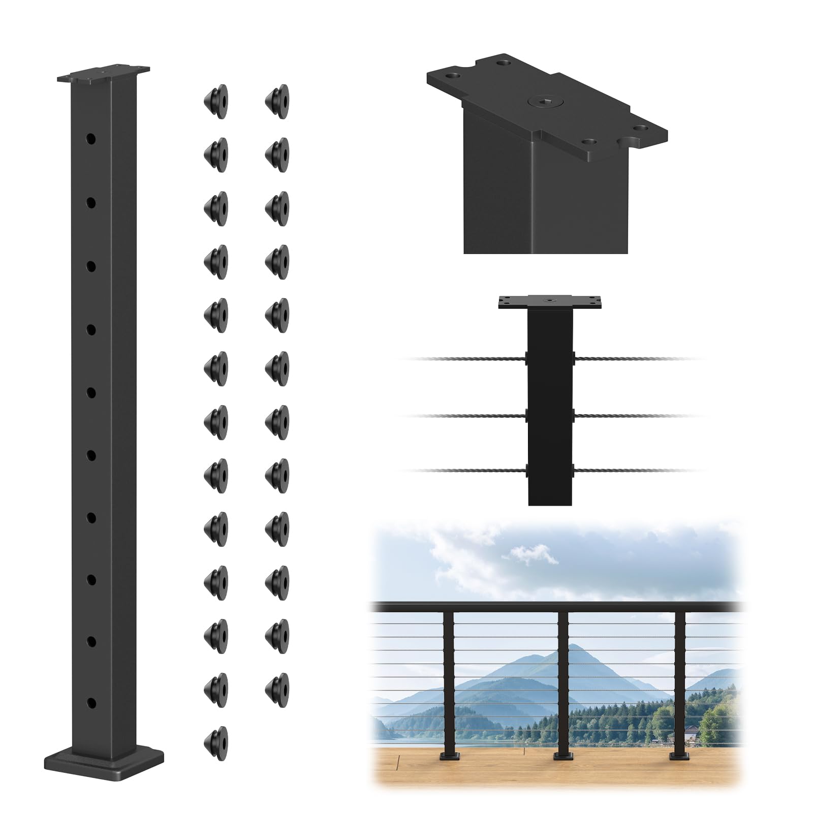 blika 36" level drilled cable railing post(post 35"x2"x2"), flat top surface mount deck post, stainless steel black powder coated finish cable handrail post for deck railing, bl02-lp