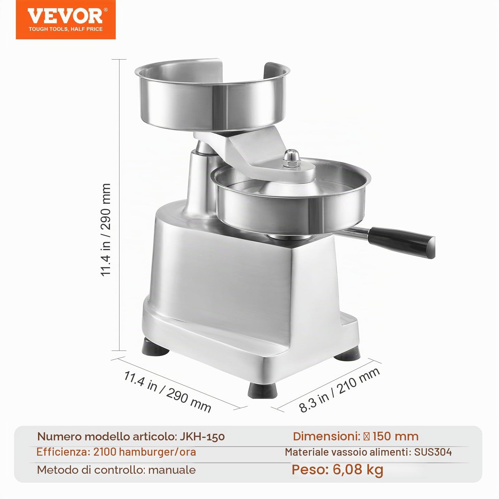 VEVOR Macchina per Hamburger Commerciale, Macchina per Hamburger Pressa Dimensioni 150mm, Pressa per Hamburger in Acciaio Inox per Formatura Carne 1000 Pezzi Carta per Hamburger, Pressa per Hamburger