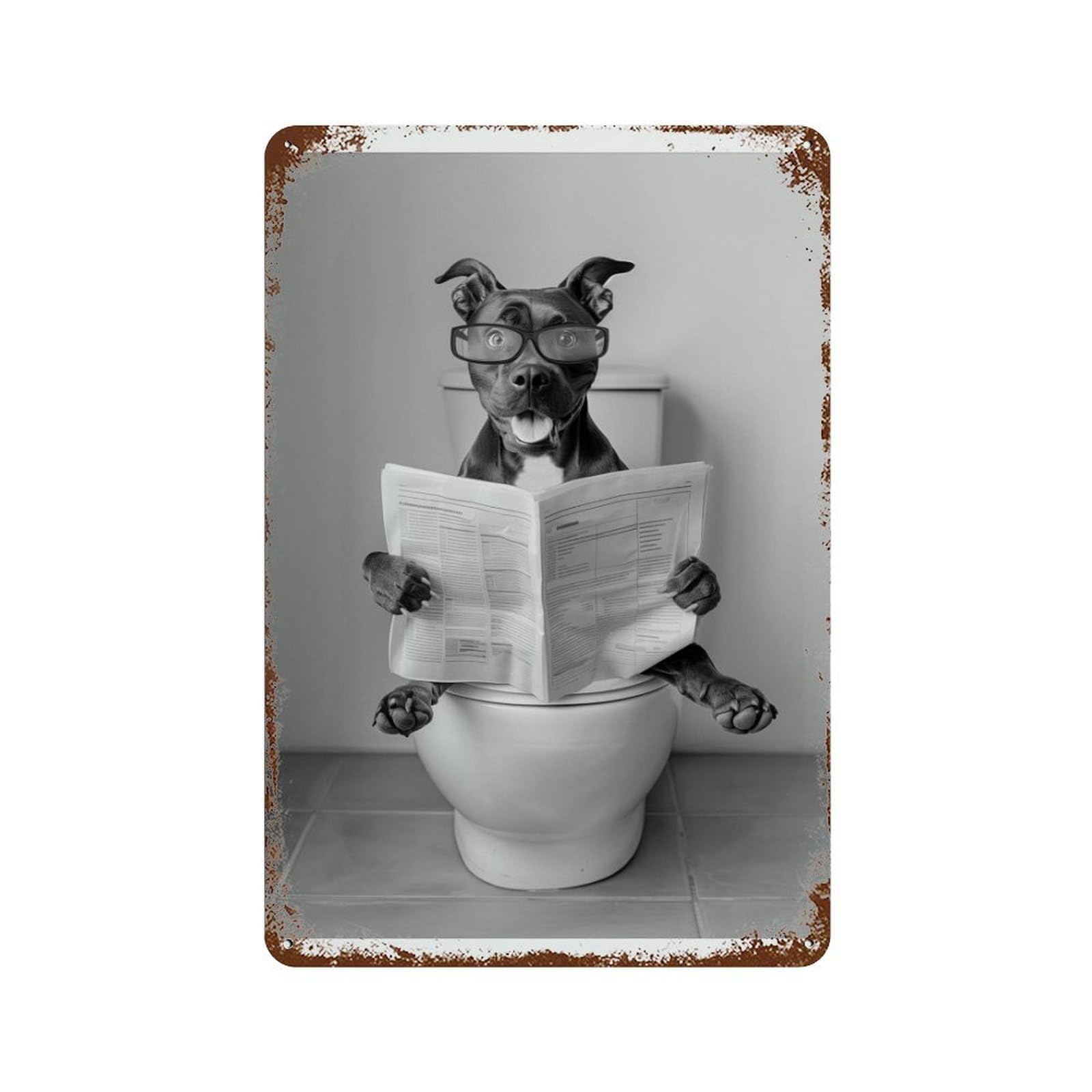 xiaoxiaoshen Staffy Bull Terrier on Toilet Dog Reading Newspaper, Black And White Wall Decor Art Metal Tin Poster Modern Home Decor Art Home Bar Shop Decorations Vintage Sign 30x20cm