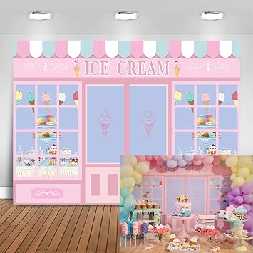 Mocsicka Nice Cream Shop Birthday Backdrop 7x5ft | Pink Blue Ice Cream Store Front Photo Background,Sweet Summer Ice Cream Theme Banner for Kids Birthday