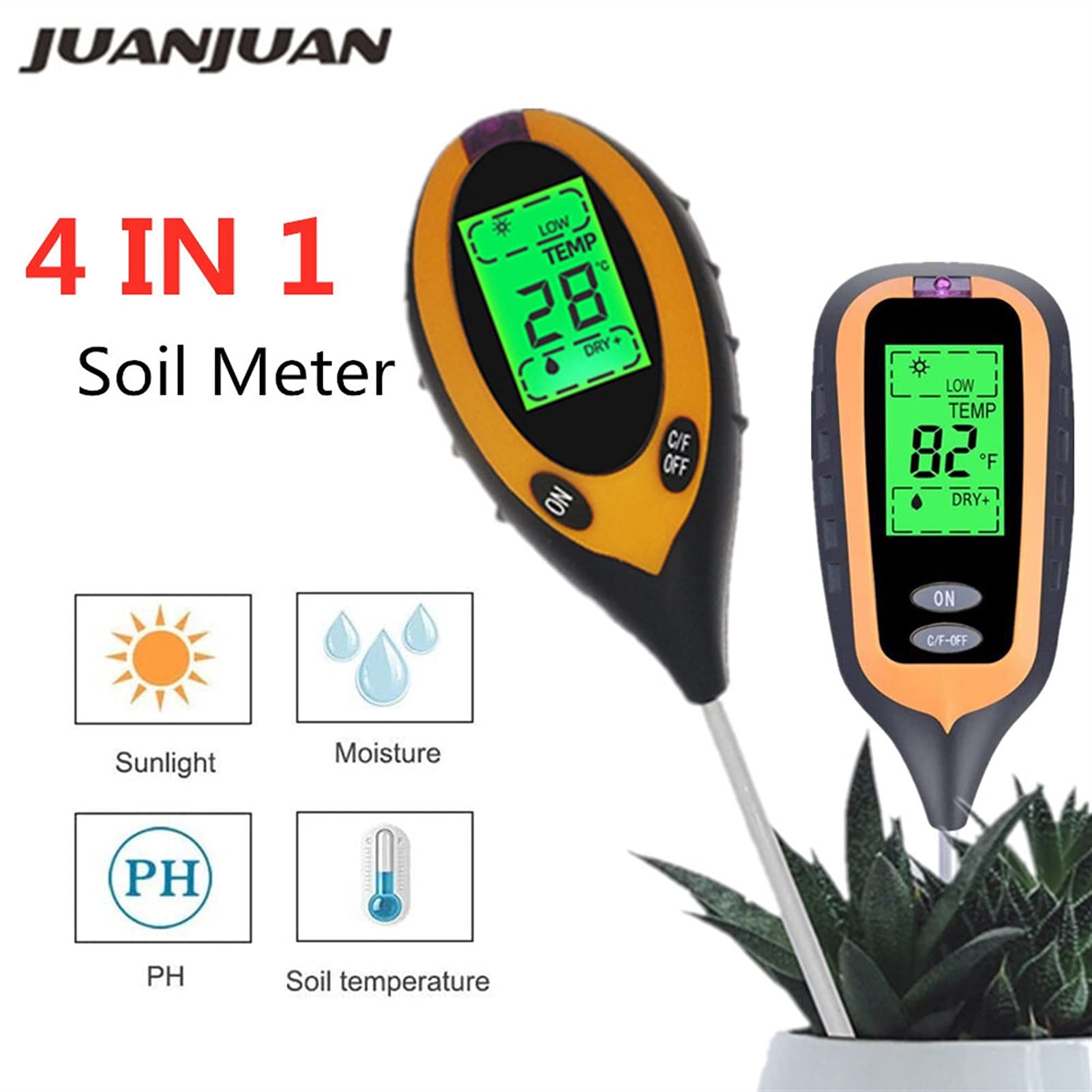 Testeur d'humidité 4 en 1 sol pH mètre de température du Solaire humidité PH Mètre Testeur for plantes jardin Fleurs LCD Affichage(Round)