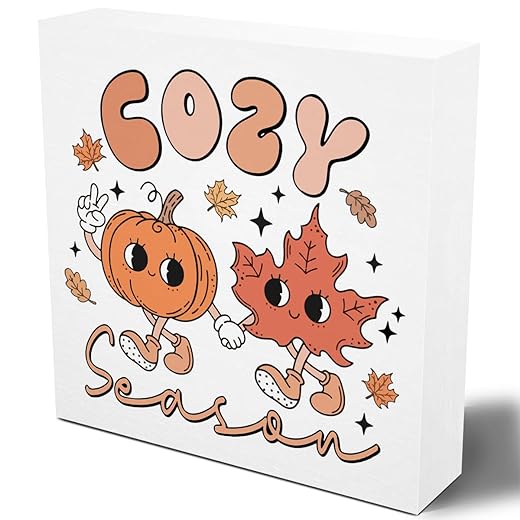 Woght Cute Fall Decoration for Home, Cozy Season Sign Pumpkin Decor Maple Leaf Decorations Sign, Fall Sign Autumn Home Office Desk Table Cubicle Shelf Decor 5 X 5 Inch