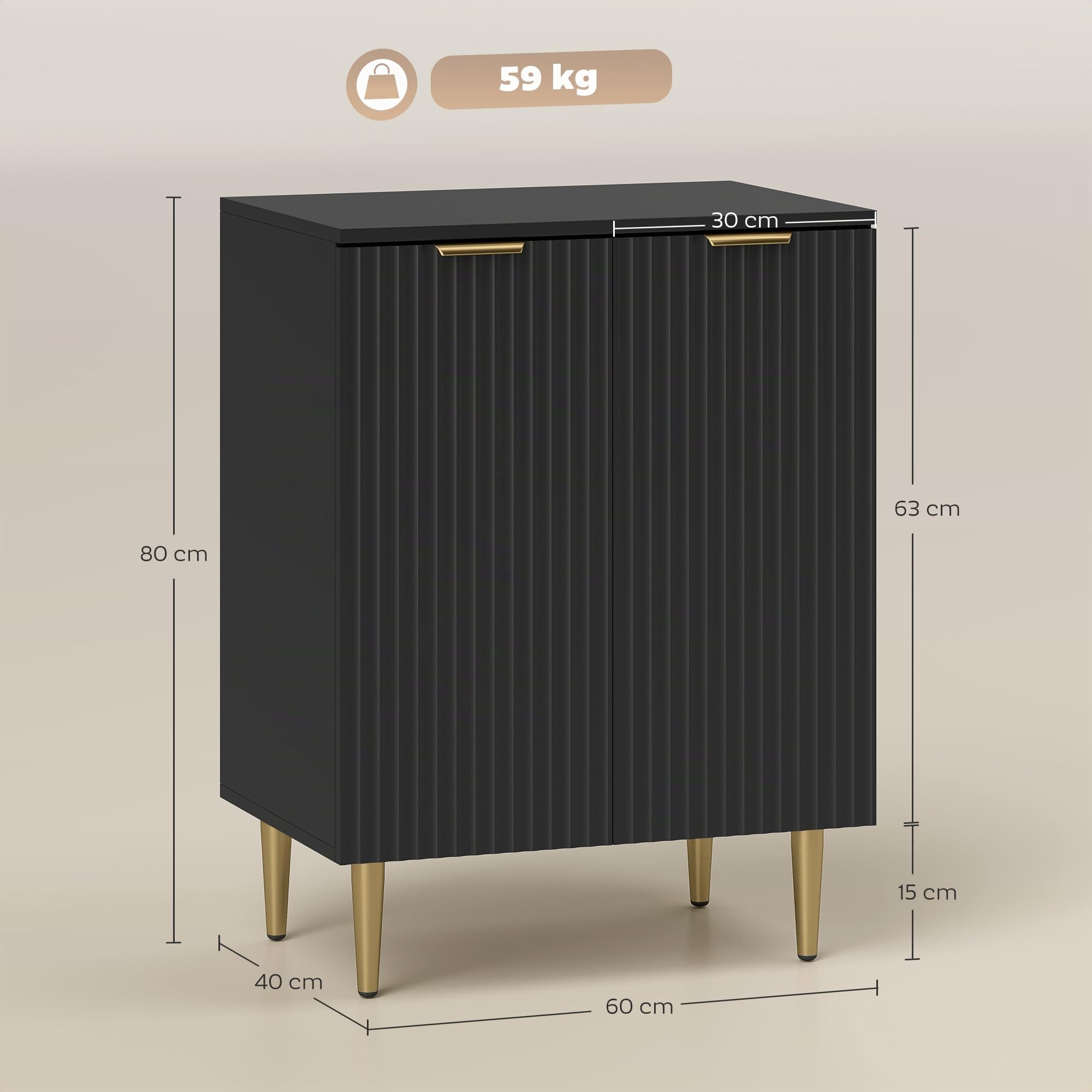 HOMCOM Credenza Cucina con 2 Ante, Ripiano Regolabile, 60x40x80 cm, Nero | Mobile Cucina, Mobile Buffet, Gambe in Metallo, per Soggiorno, Sala da Pranzo
