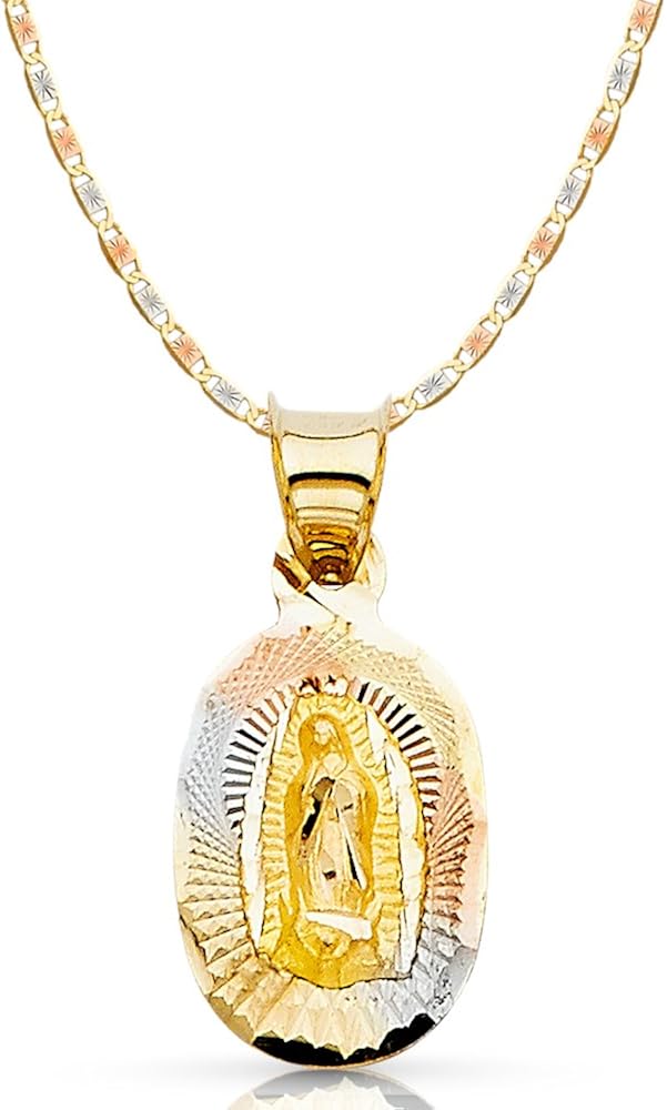 Ioka 14K Gold Our Lady of Guadalupe Virgin Mary Stamp Pendant Necklace with 1.5mm Valentino Chain in Tri Color Gold