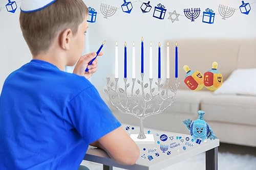 Miniatura 6 de The Dreidel Company Menorah 44 velas de Hanukkah blancas y azules para las 8 noches de Janucá (individual)