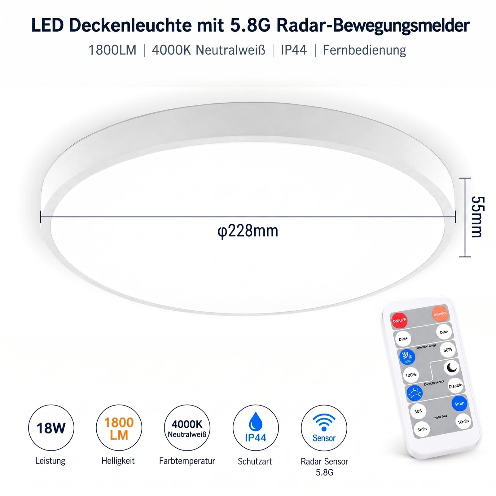 4er Set LED Deckenleuchte mit Bewegungsmelder, 5.8G Radar Sensor Deckenlampe, IP44 Wasserdicht, Fernbedienung, 30%-100% Dimmbar, Dauerlichtmodus, Badleuchte Flurlampe für Bad Flur Keller Balkon 10-20㎡