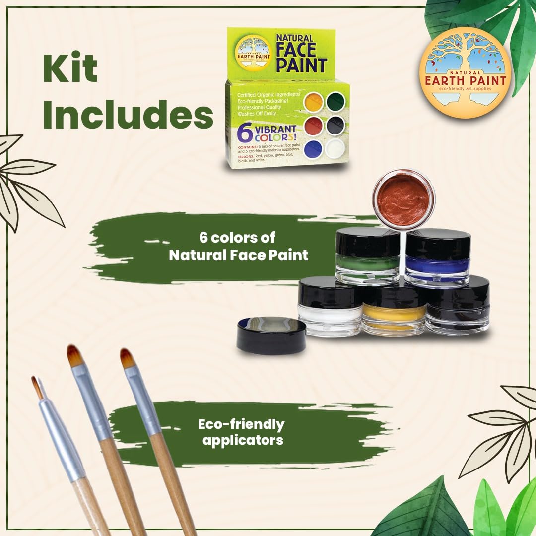 Natural Earth Paint Face Paint Kit – Non-Toxic, Mineral Makeup for Kids & Adults – Organic, Long-Lasting, Easy to Wash Off – 6 Colors & 3 Bamboo Applicators – Made in USA