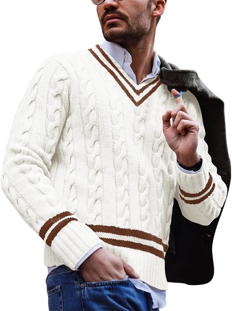 chouyatou Men's Casual V Neck Contrast Stripes Cable Knit Pullover Sweater Tops