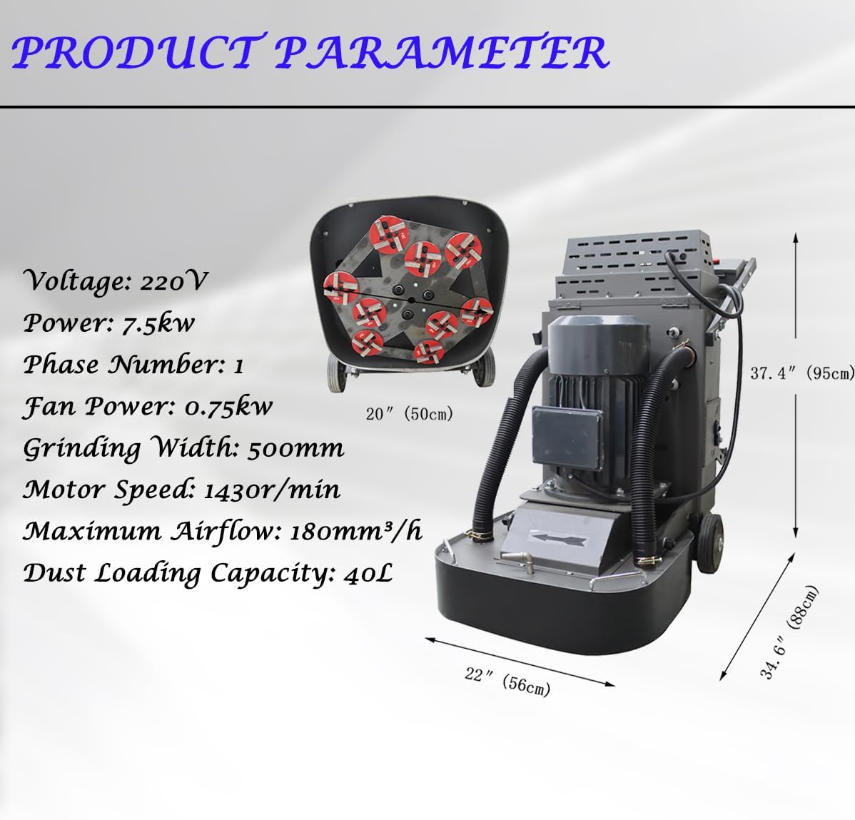 Concrete Floor Grinder Hand-Push Cement Ground Grinder Floor Polishing Machine 40L Dust-free Grinding Machine with 9-head Grinding Chassis, 220V 7.5KW