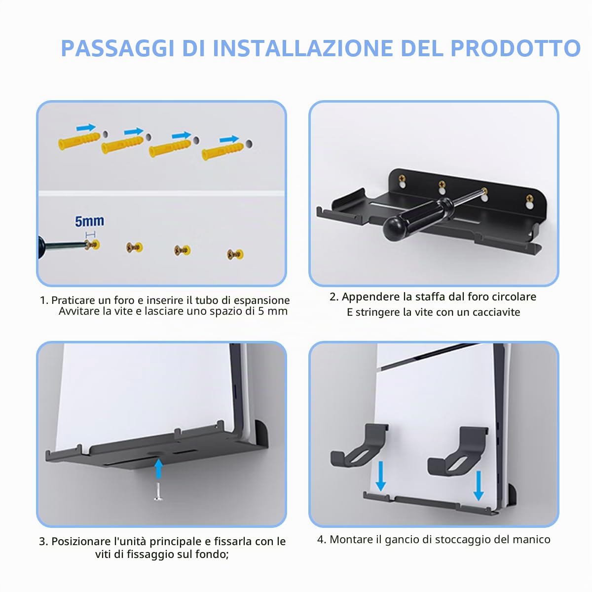 Supporto a Parete per PlayStation 5 Slim con Supporto Rimovibile per Controller, PS5 Muro (Ottica e Digitale), Nero