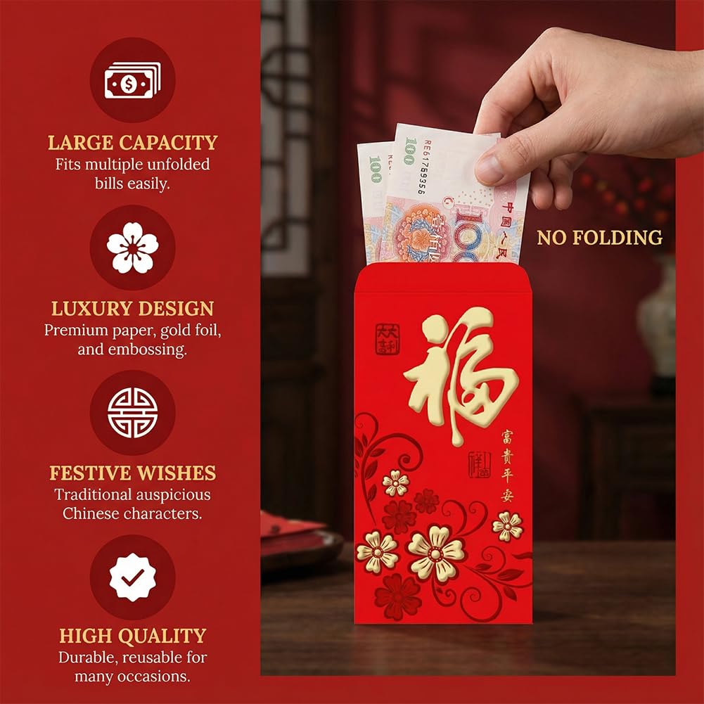 36 Pezzi Rosse per Capodanno Cinese 2026 Portafortuna con Motivo Hong Bao Rilievo
